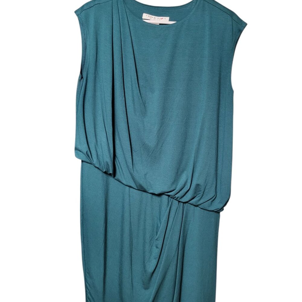 Trina Turk Lenaya Draped Cowl Neck Midi Green Dress Medium Blouson Stretchy